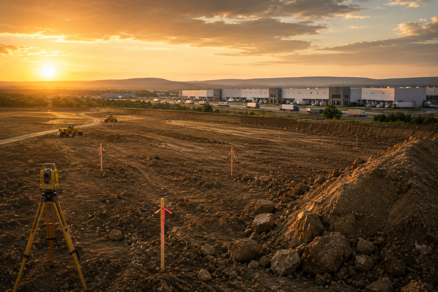 A logistics development site under survey at dusk, graded and staked, with completed distribution buildings on the horizon.