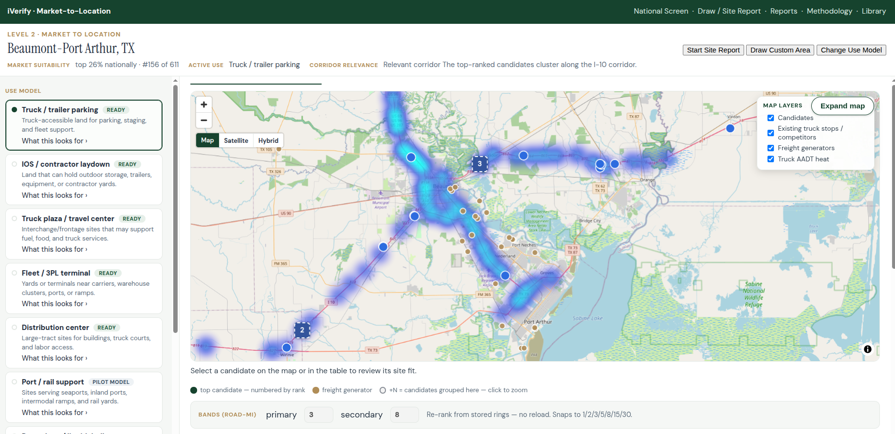 The Beaumont-Port Arthur basin in iVerify, with ranked truck-parking candidates along the I-10 corridor.