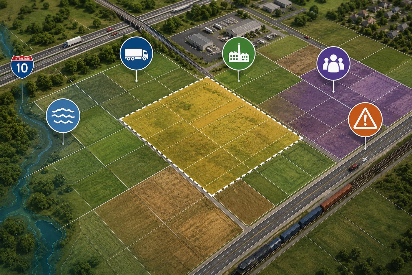 An aerial parcel view with data-layer markers for interstate access, freight demand, industrial use, nearby population, and site constraints - the same criteria applied consistently across every candidate.