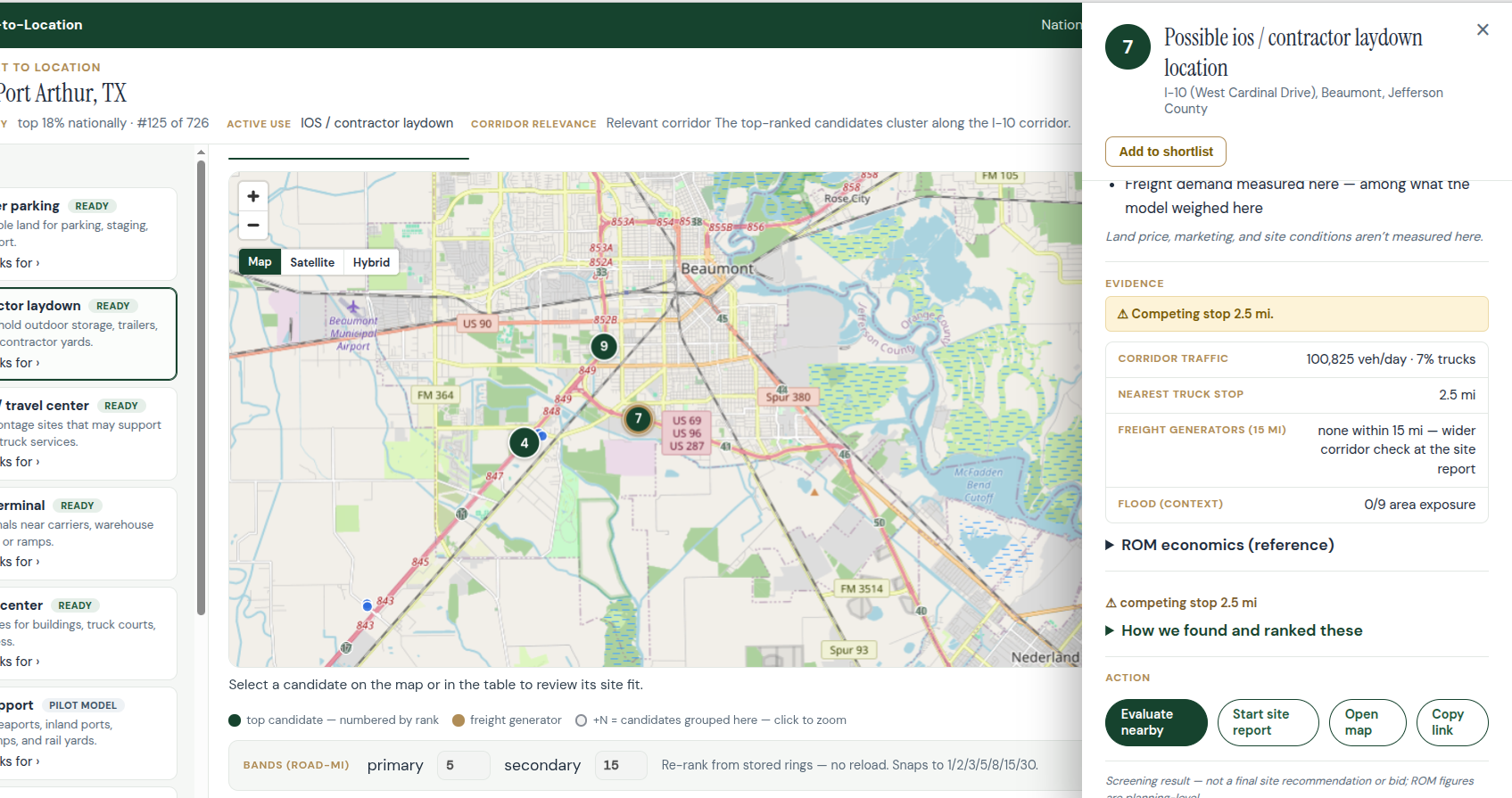 iVerify market-to-location screen ranking candidate sites for a chosen use