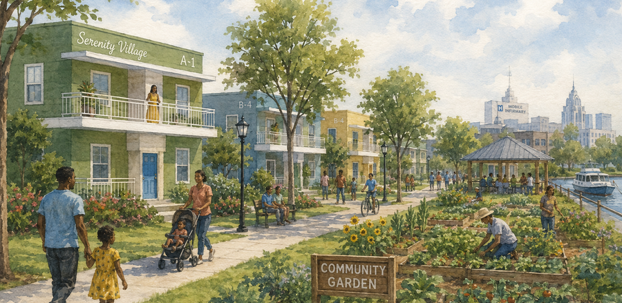 Serenity Village - Roger Williams site, Mobile, Alabama: rendering of the proposed mixed-income affordable housing community.