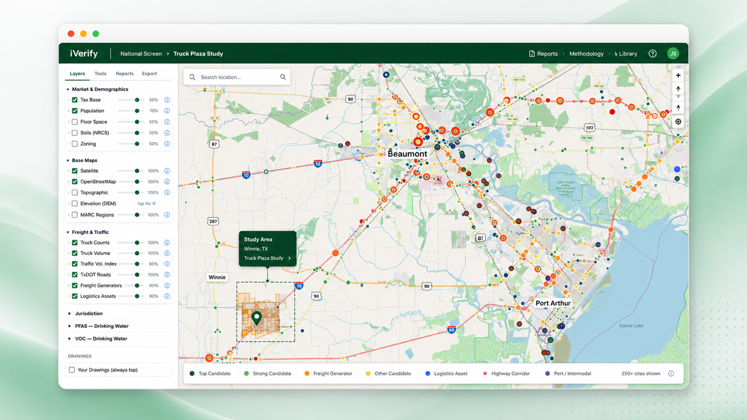 iVerify site-study map with parcel, flood, soils, traffic, and freight layers