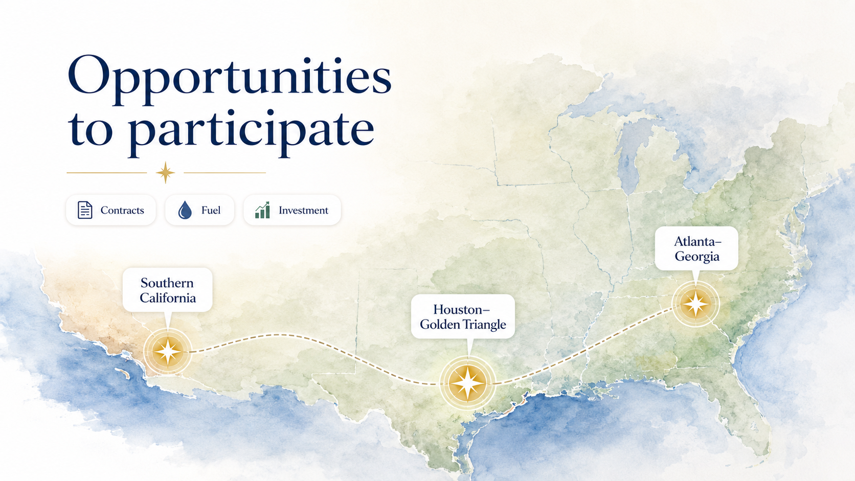 Join a project: North Star's three current markets - Southern California, Houston-Golden Triangle, and Atlanta-Georgia - on a watercolor map, with three category chips for contracts, fuel, and investment.